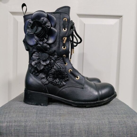 Valentino Garavani Black Leather Floral Applique Combat Boots Women's Size 6 - Picture 2 of 11